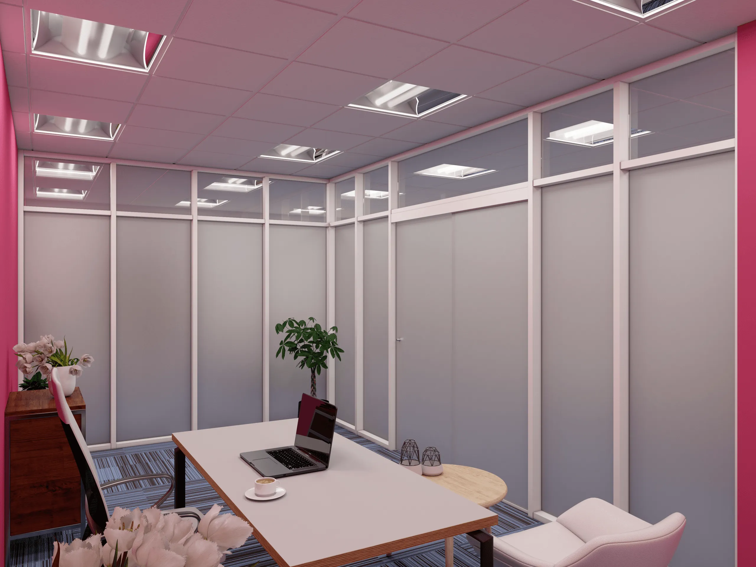 Bürodesign mit satinierten Glastrennwänden